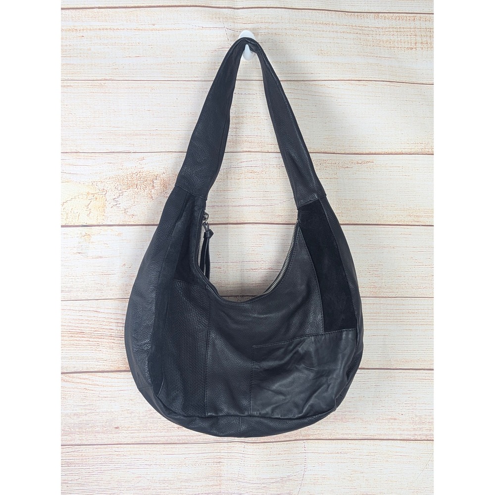 Crown Vintage Black Leather Suede Hobo Shoulder Bag Floral Lining Slouchy Tote